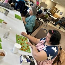 Woman in a star-patterned shirt, sitting at a table with a bingo card, surrounded by other players.