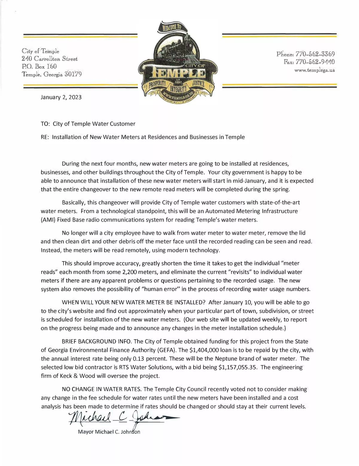 Installation of New Water Meter at Residences and businesses in Temple, letter from the Mayor
