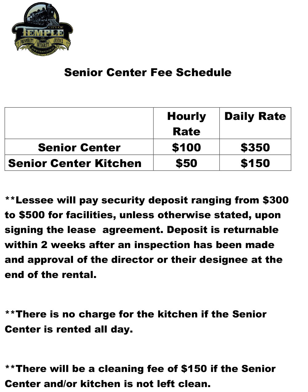 Senior Center Rental Fee Schedule
