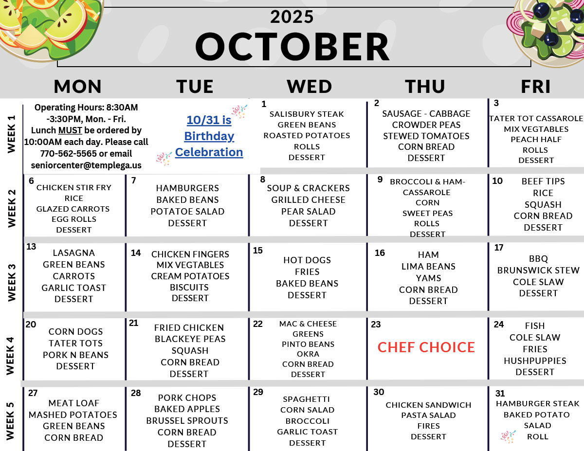Senior Center October Menu Calendar